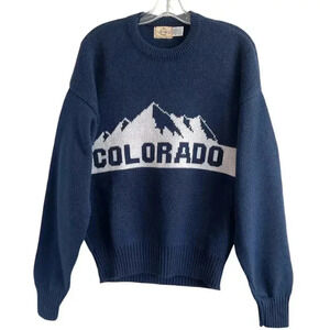 Cliff Engle Sz L Vintage Colorado Pullover Sweater Navy Apres Ski 80s Unique Fun